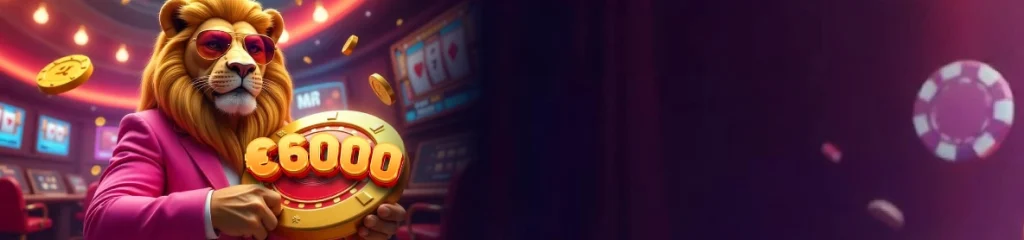 Gran Spin City Casino banner promozionale con leone e bonus fino a €6000 in ambiente casinò colorato e illuminato