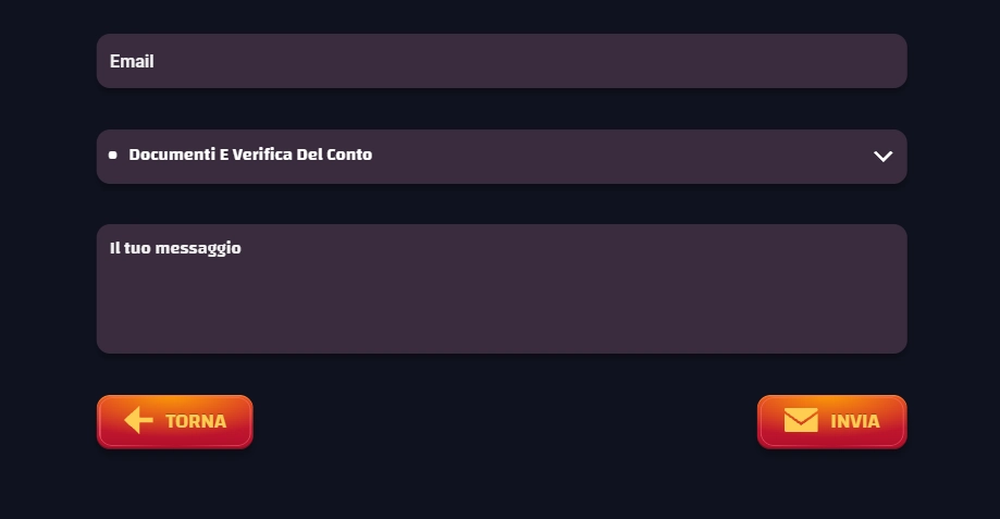 Gran Spin City Casino schermata del modulo contatti con email, verifica documenti del conto e campo messaggio per il supporto clienti