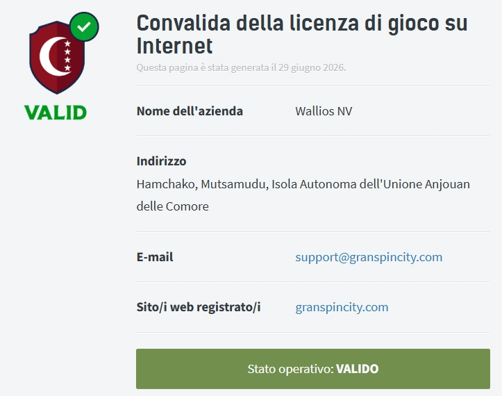 Gran Spin City Casino schermata di convalida della licenza di gioco Anjouan con stato operativo valido e dati dell’operatore Wallios N.V.