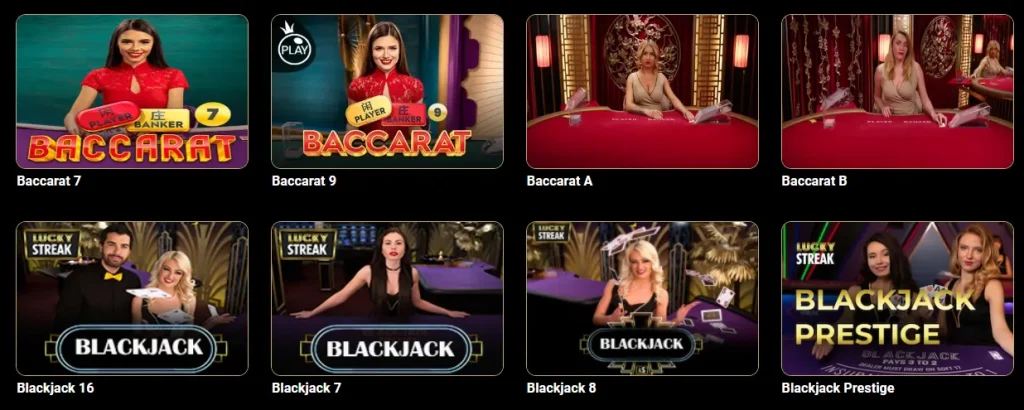Gran Spin City Casino schermata con tavoli live baccarat e blackjack con diverse varianti come Baccarat 7, 9 e Blackjack Prestige