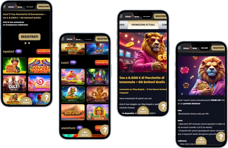 Gran Spin City Casino schermata mobile con più dispositivi che mostrano lobby giochi, bonus e promozioni sulla piattaforma