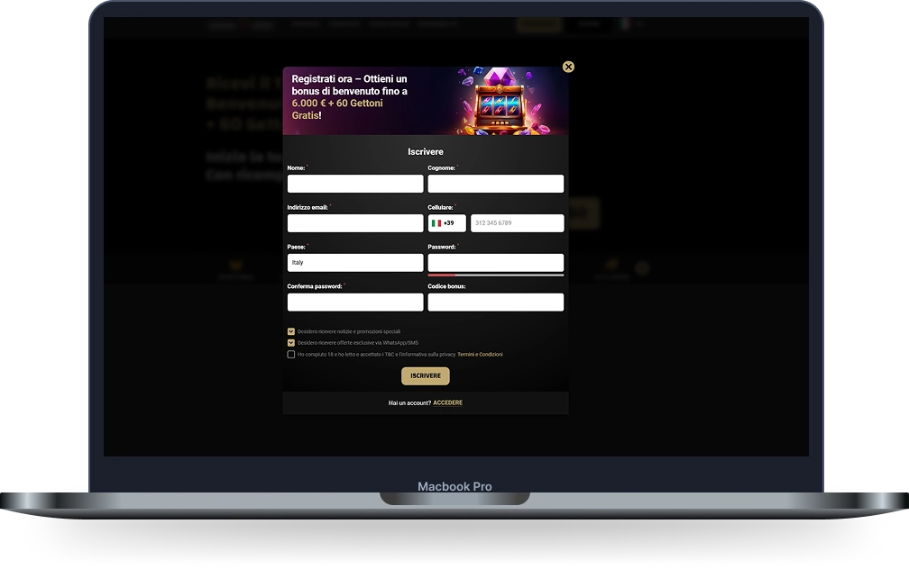 Gran Spin City Casino schermata di registrazione su MacBook Pro con modulo iscrizione e offerta bonus fino a €6.000 + 60 Gettoni