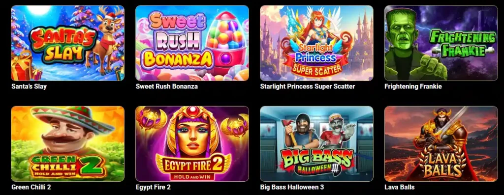 Gran Spin City Casino schermata della lobby con slot games popolari come Sweet Rush Bonanza, Egypt Fire 2 e Big Bass Halloween 3